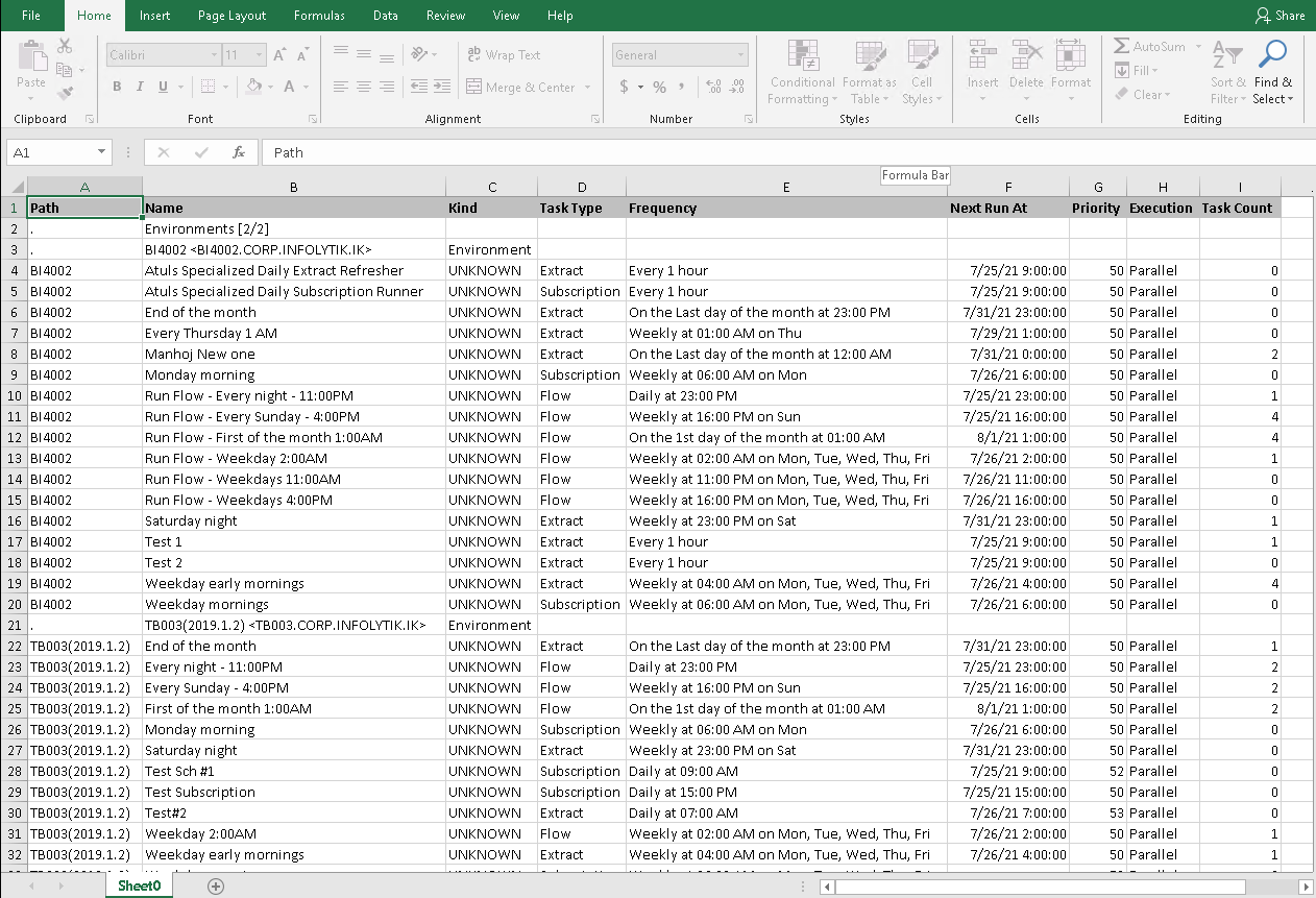 Exported Schedules in Microsoft Excel